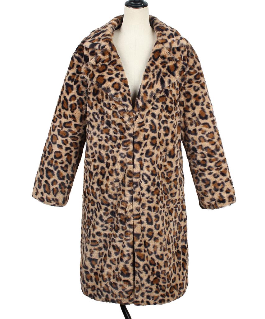 Damen Wintermode Lässiger Revers Leopardenmuster Plüsch Langer Mantel