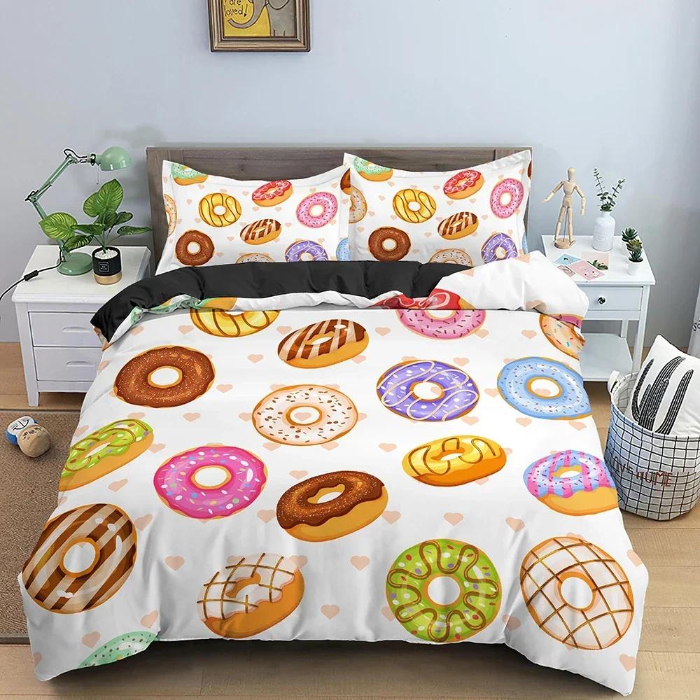 Donut Print Comfortable Duvet Quilt Cover Pillowcase Bedding Set Children Bedroom Decoration Home Textile