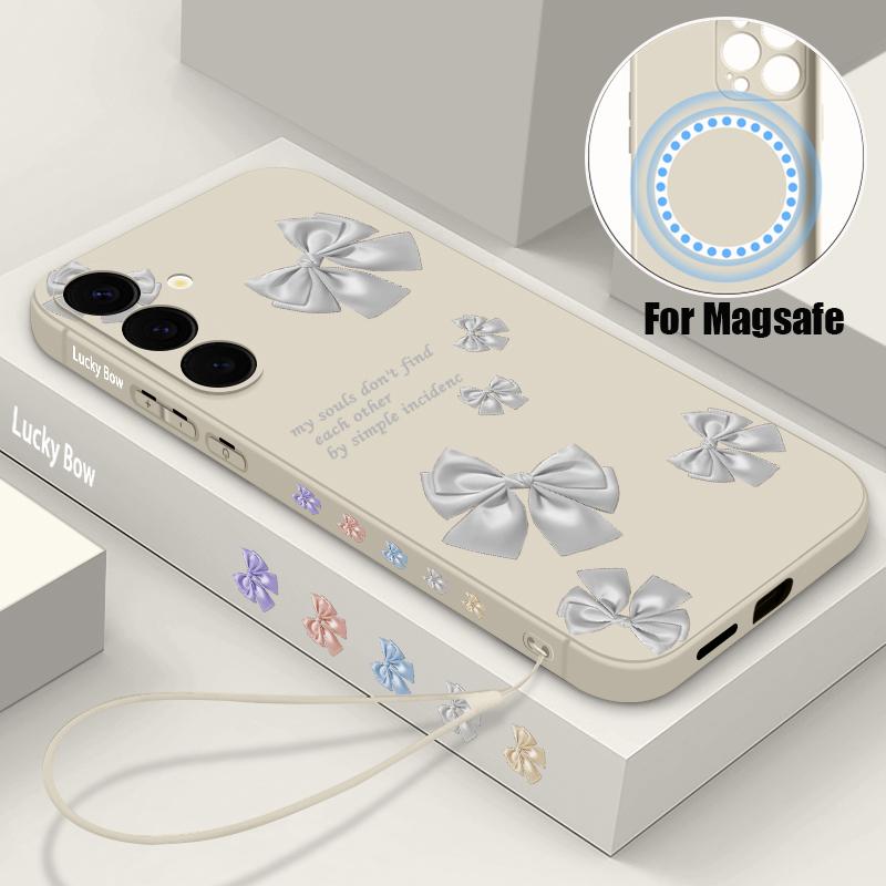 

Cute Bow TPU Magnetic Phone Case For Samsung Galaxy S24 FE S25 S24 S23 S22 Ultra Plus For Magsafe Wireless Charge Lanyard Cover For Galaxy S25