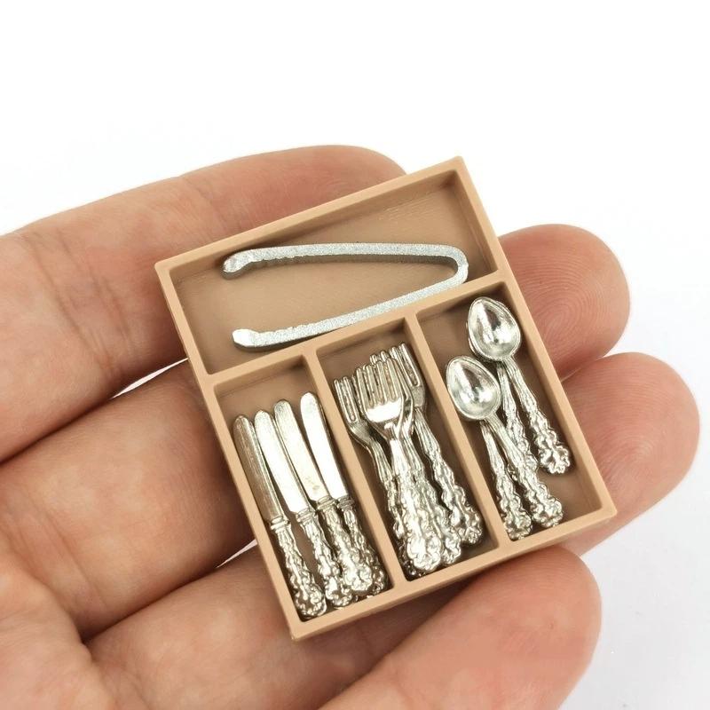 1 Set Doll House Kitchen Supplies Utensils Accessories 1:12 Dollhouse Mini Knife Fork Spoon Clips Tableware With Storage Box