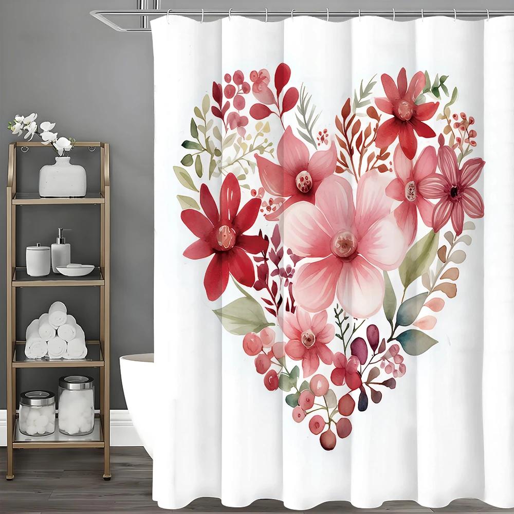 Love Flower Leaf Shower Curtain, Bathroom Decorative Shower Curtain, Waterproof Shower Curtain with Hooks