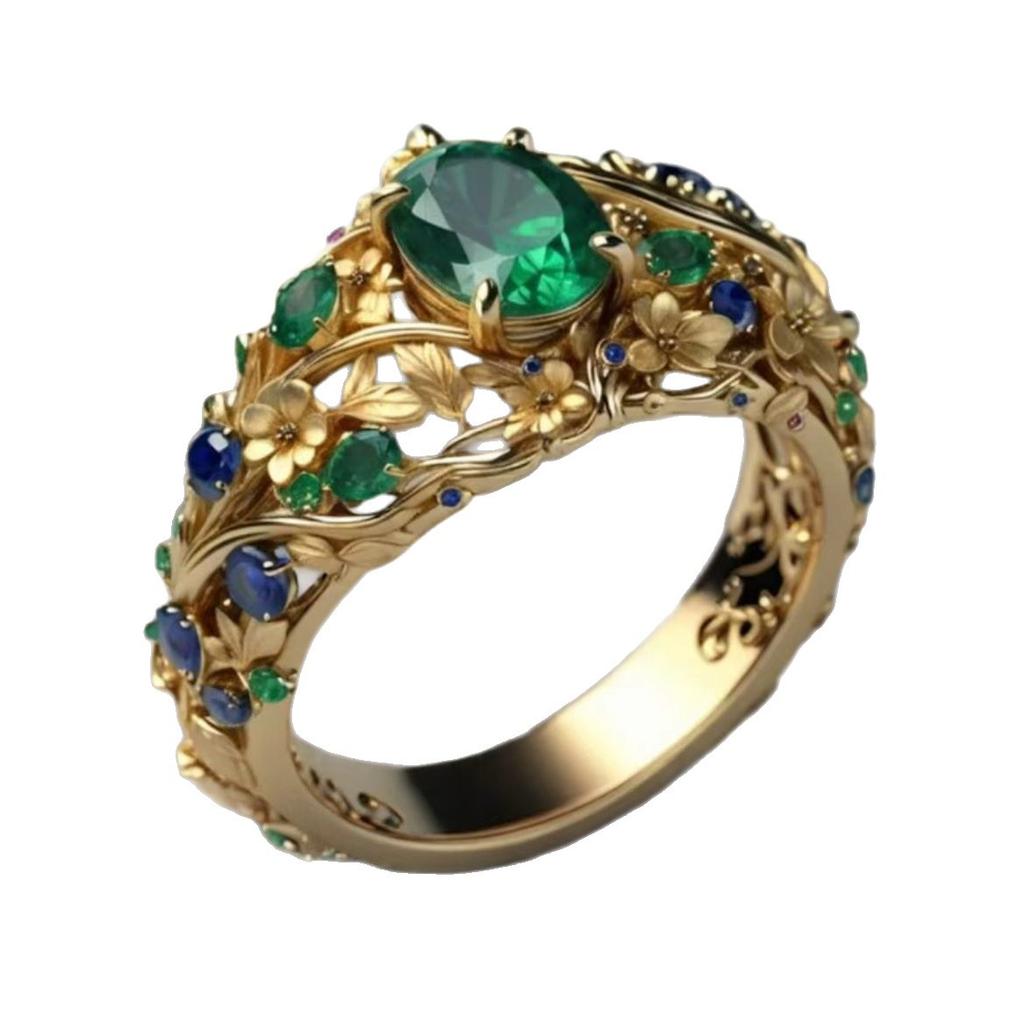 Hollow Carved Flower Inlaid Colorful Zircon Ring for Commuting, Elegant and Luxurious Light Style Ring