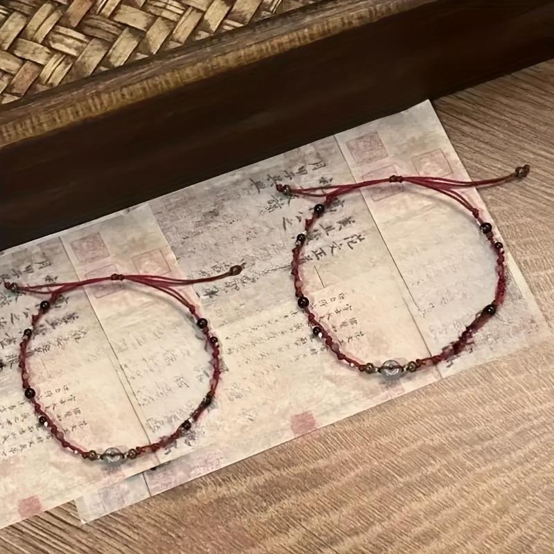 Valentine'S Day Vintage Handmade Beaded Rope Bracelet, Antique Style, Daily Wear Plastic Wristband, with Retro Chinese Weaving Technique for Couples