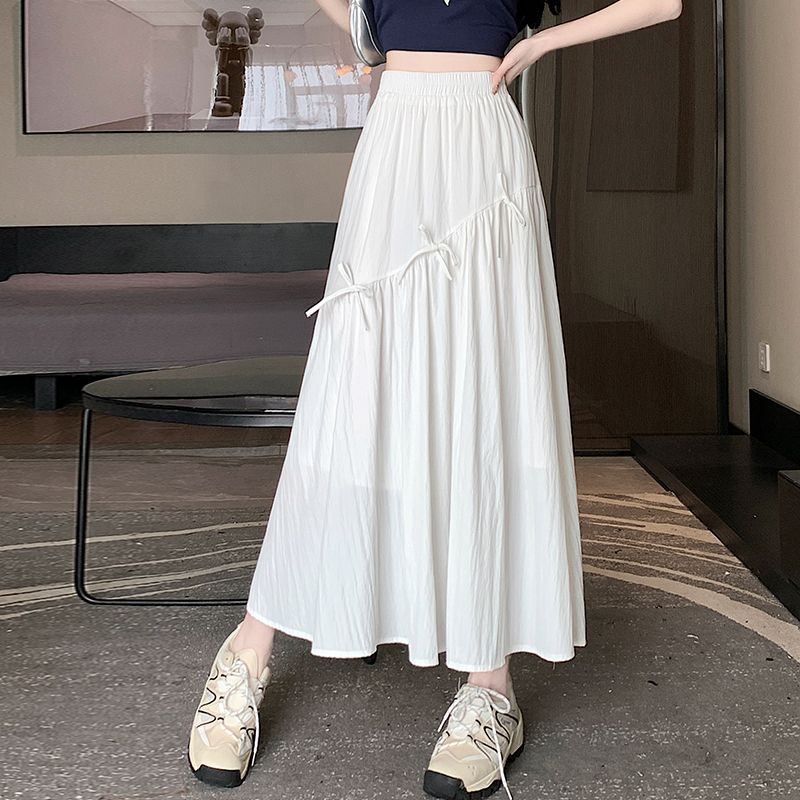 

Дизайнерская асимметричная юбка миди белого цвета с бантом для женщин - летняя юбка А-силуэта, облегающая фигуру, с высокой талией, юбка-зонт, элегантный стиль S белый