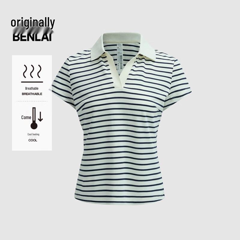 

BENLAI Women s Cooling Striped Lapel Short Sleeve T-Shirt L