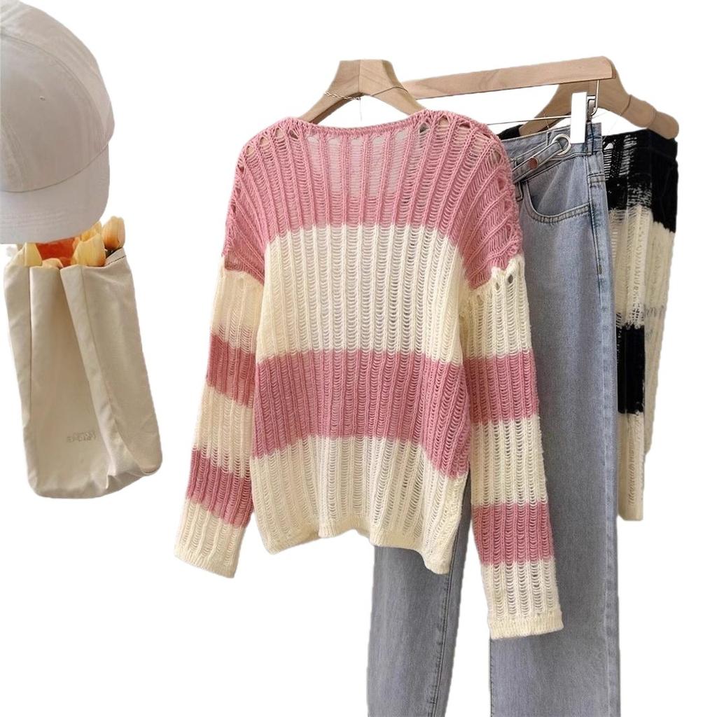 Striped Knitted Sweater Hollow Out for Women Hollow Out Loose Sunscreen Shirt