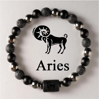 12 Signes du Zodiaque Constellation Perles Bracelet Couple Pierre Volcanique Naturelle Bracelet Charm Élastique pour Femmes Hommes Cadeau d'Anniversaire