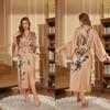 Print Satin Women Long Robe Retro Sleepwear Seven Quarter Sleeve Kimono Bathrobe Loose Home Wear