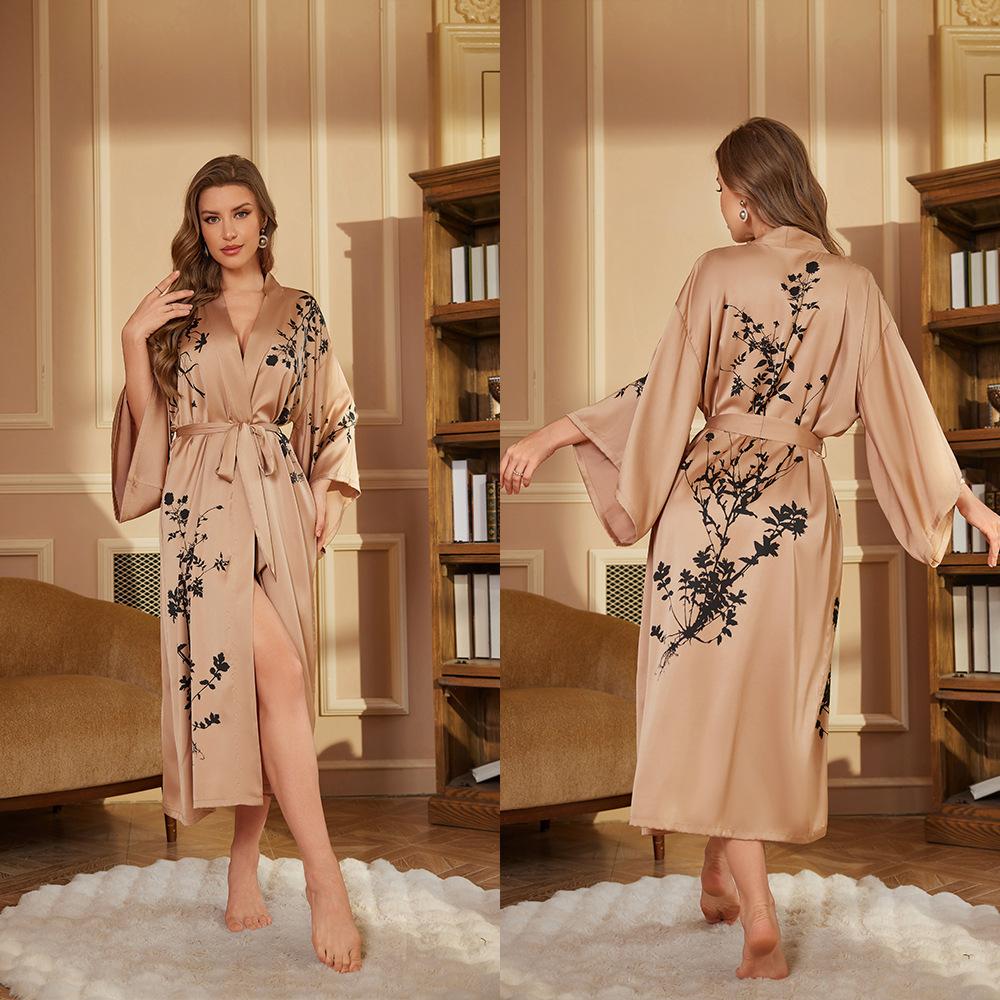 Print Satin Women Long Robe Retro Sleepwear Seven Quarter Sleeve Kimono Bathrobe Loose Home Wear