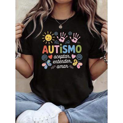Dames Autisme Bewustzijn T-shirt Spaanse Slogan Zon Handafdruk Regenboog Liefdadigheid Casual Top met Korte Mouwen