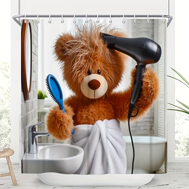 1/4pcs Funny Teddy Bear Shower Curtain Set Cute Animal Drying Hair Pattern Waterproof Fabric Bath Curtain with 12 Hooks Non Slip Rug and Toilet Cover