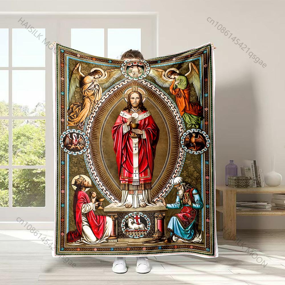 1PC Jesus' Holy Grail with angels Faith-printed Flannel Blanket Soft and Warm Suitable for Home Travel Picnics Camping and RV