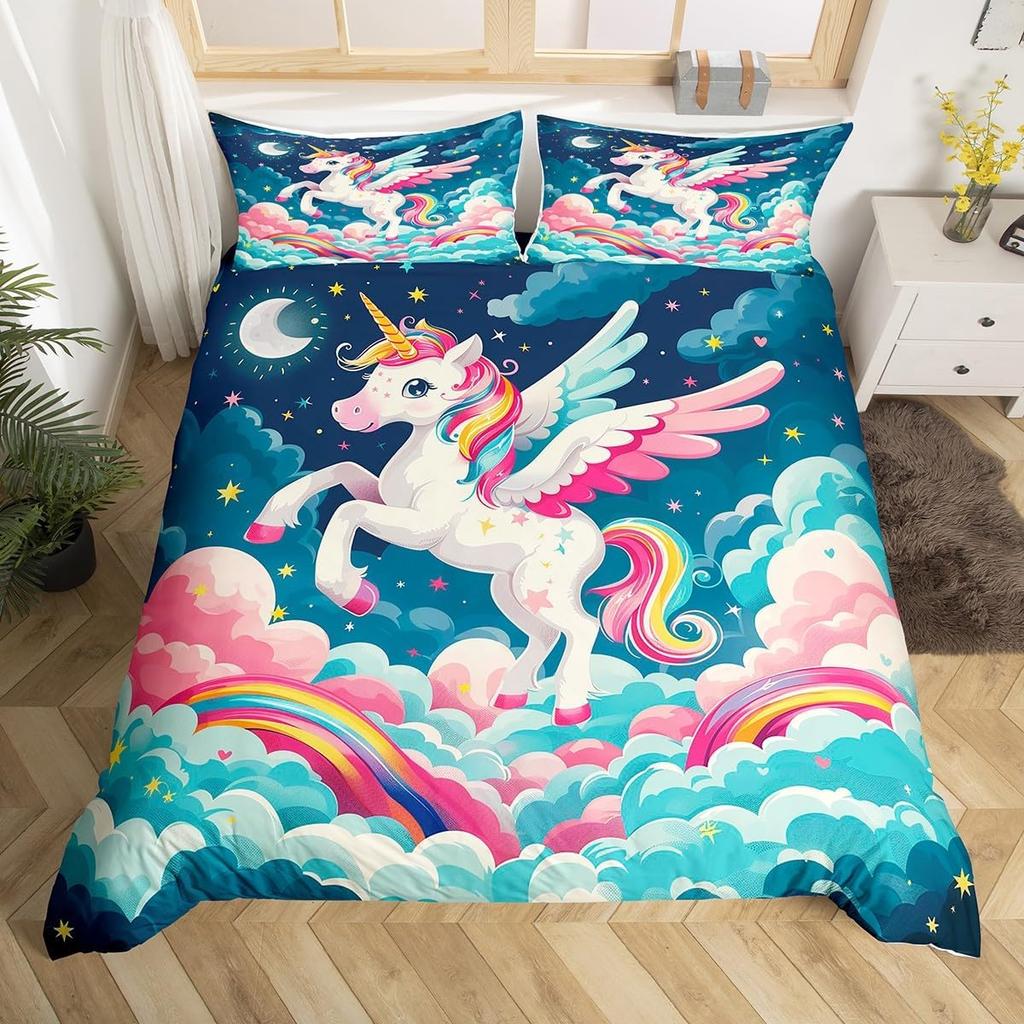 Einhorn Pferd Bettbezug Set Queen Size Träumerisches Regenbogen Bettwäsche 3 Teile Kinder Teenager Buntes Funkelndes Galaxie Set 2 Kissenbezüge