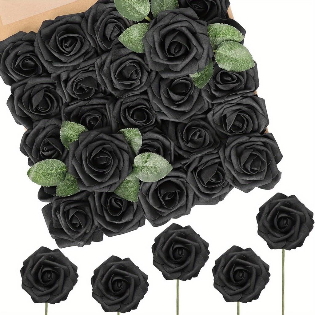 25Pcs Gift Box Foam Pe 3.15 Inch Rose Flower with Stem Simulation Artificial Flower