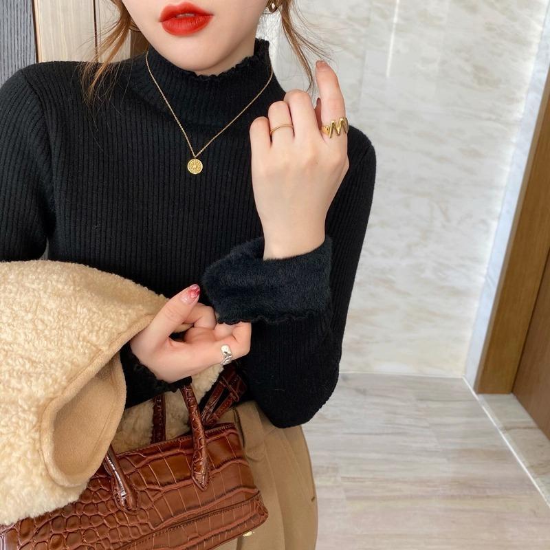 Fleece Thickened Sweater Women's Winter Thickened Bottoming Shirt Integrated Fleece Turtleneck with Wooden Ear Edge and Knitted Top Inside