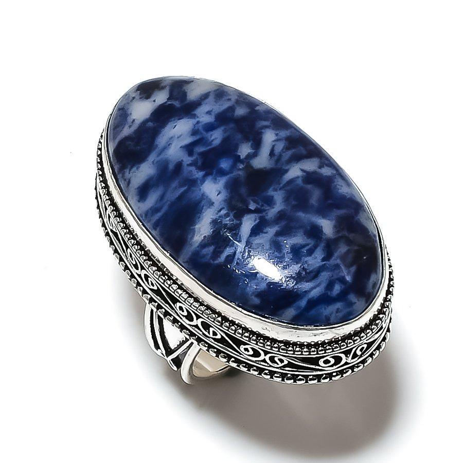 Natürlicher Sodalith-Edelstein, handgefertigt, 925er Sterlingsilber, Ringgröße 9, w8w37