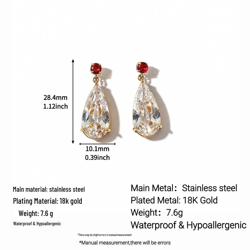 18K Gold Waterproof Zirconia Water Drop Earrings, European & American Style, Stainless Steel & Titanium, Women's Jewelry