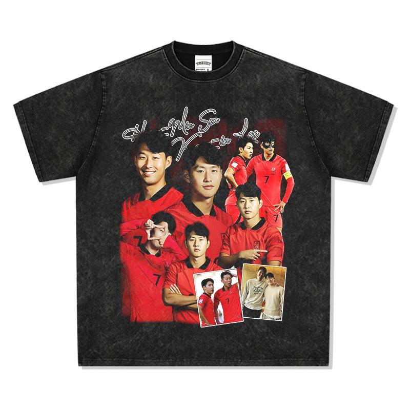 Asonndhueng Washed Int-Shirt Loose Kang Print Short Sleeve Lee Heavy Insmin Cotton S