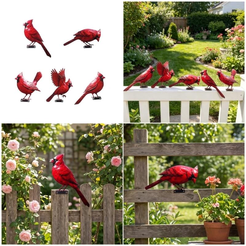 Outdoor Fence Bird Set Iron 5 Piece, Red Bird Figurines for Garden Railings, Flower Rows, Fence Lines and Yard Edges