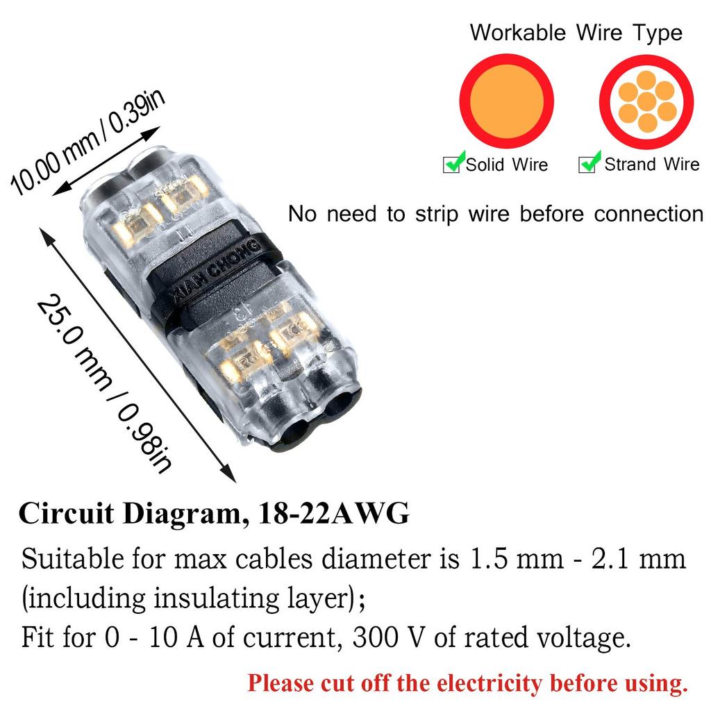 Frienda 15 Pieces Low Voltage I Tap Wire Connectors 2 Pin 2 Way Universal Compact I Shape Terminals Without Wire Stripping Requirement Quick Toolless