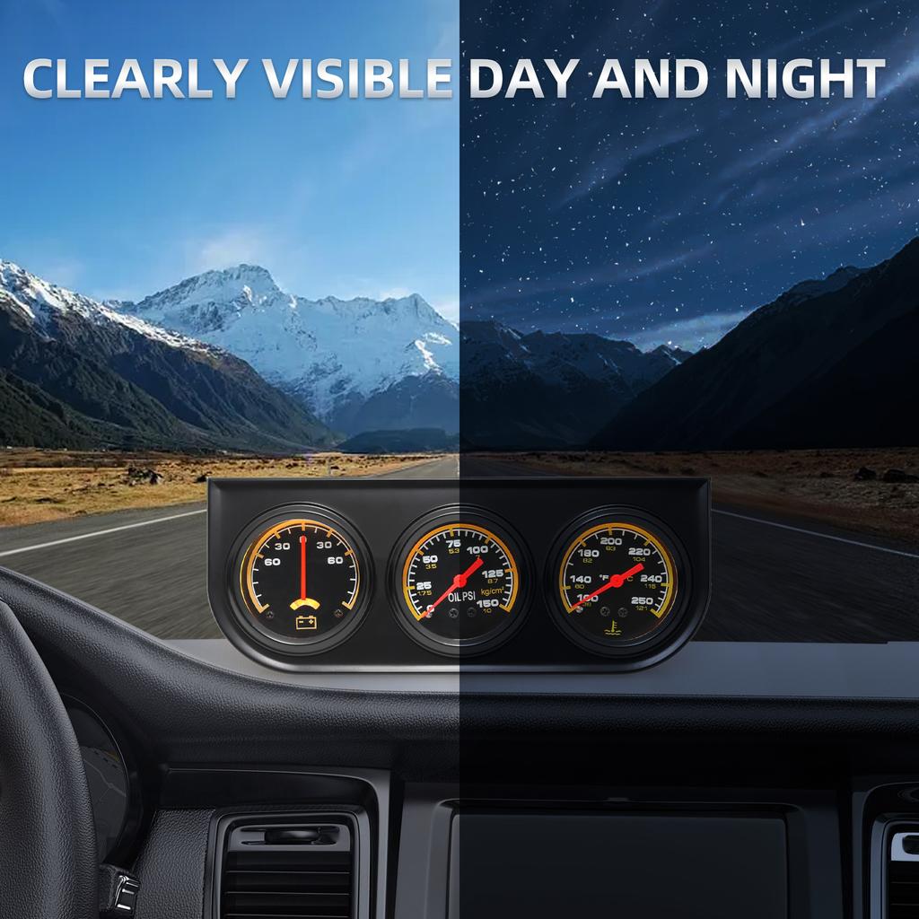 3in1 Water Temp Gauge 52MM Oil Pressure Gauge AMP Volt Meter 12V Kit Car Triple Gauge With Sensor