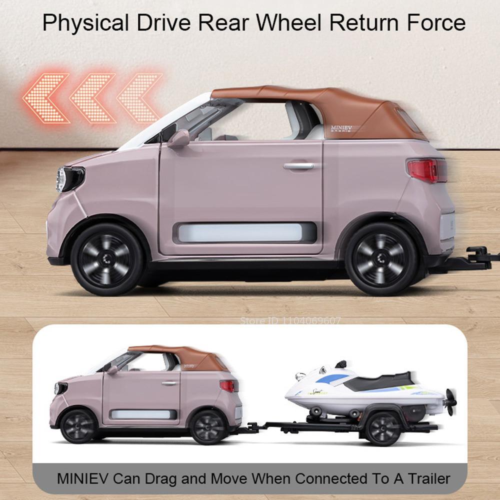 1:24 WuLing HongGuang Mini EV Car Toy Models with Motorboat Alloy Diecast Sound Light Doors Opened Pull Back for Children Gifts