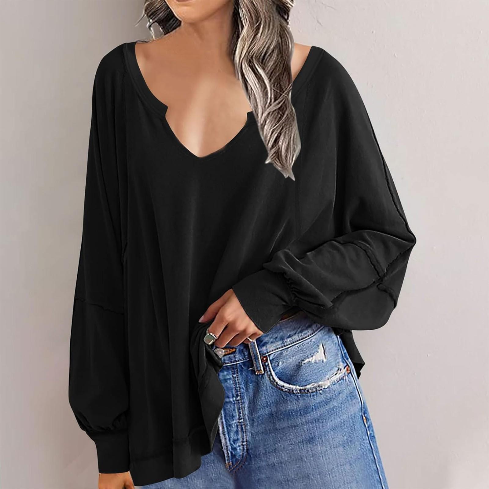 

Толстовка большого размера для женщин, повседневные толстовки с v-образным вырезом и нерегулярным подолом, свободный пуловер с длинными рукавами M чёрный