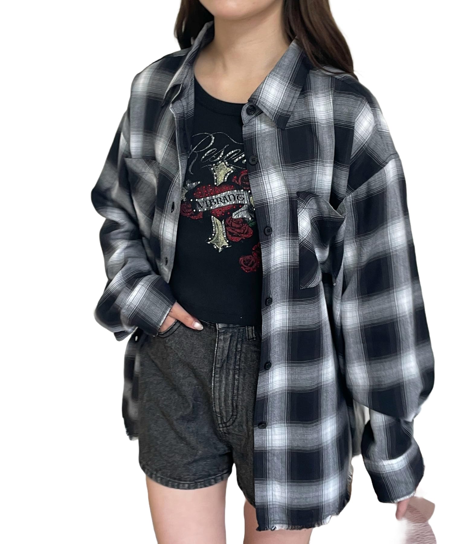 

WEGO Check Big Long Sleeve Street Size Black Women s Shirt, Top, Style, Summer/Autumn Clothes, F, чёрный