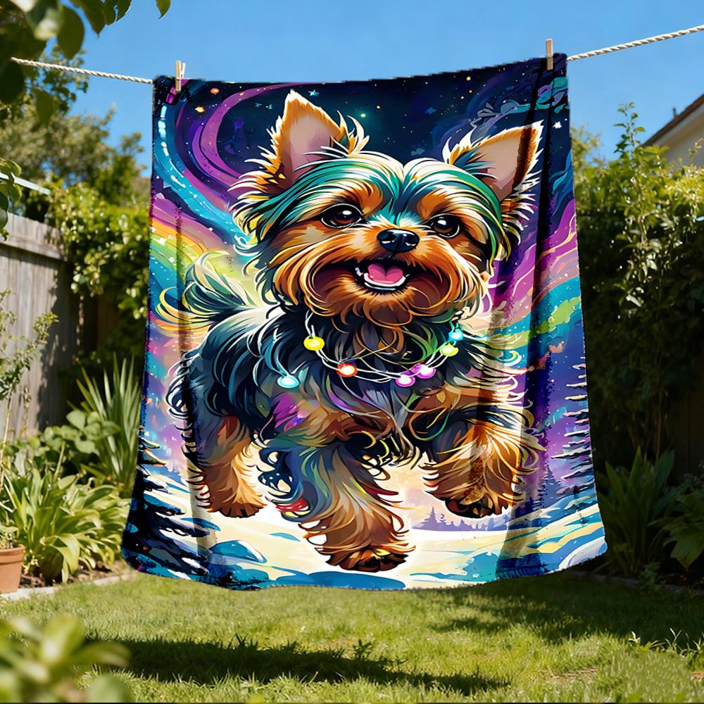 

1pc Yorkie Christmas Lights Outdoor Flannel Blanket , Machine Washable Perfect Gift for Birthday , Holiday Travel Accessory , Durable Material 80x120cm