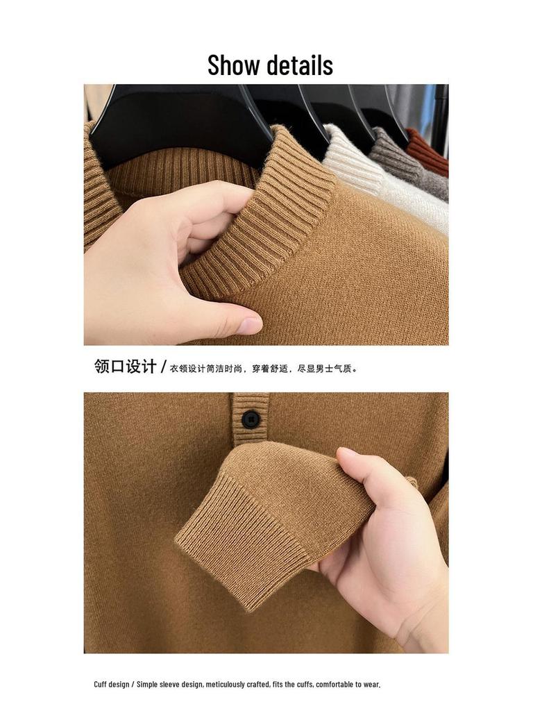 Men's Wool Sweater - Half-Button, Half-High Collar, Long Sleeve, Casual Knitwear for Autumn/Winter