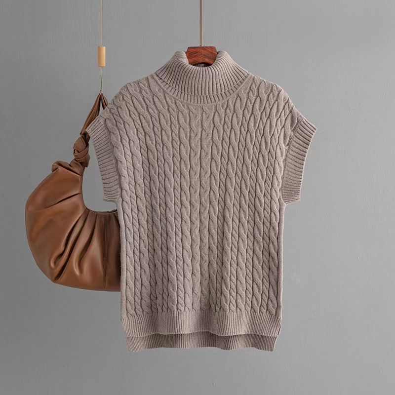 

Fashion Style Pure Color Sleeveless Cable Stitch Knitting Loose Pullover High Neck Knitted Sweater Flower Card All yards