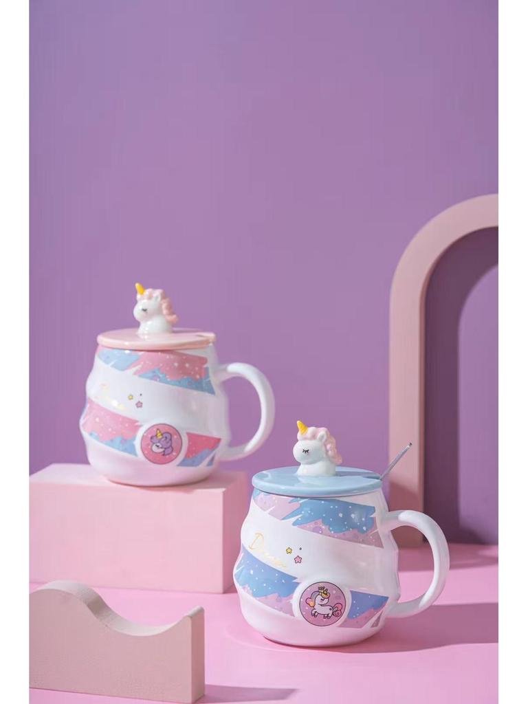 Ceramic Unicorn Mug - Rainbow Spiral Coffee Cup with Lid & Spoon, Cute for Girls