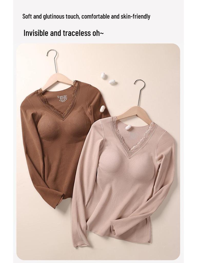 Women's Cashmere & Silk Lace V-Neck Long Sleeve Slimming Top Set