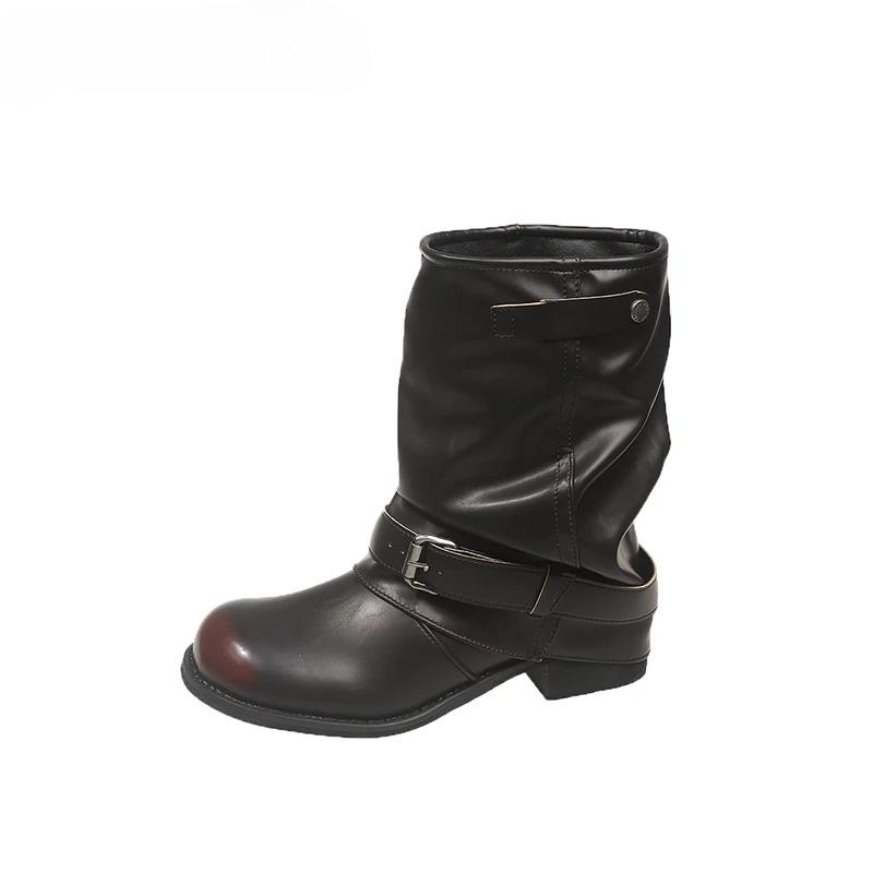 Autumn Winter Thick Heel Women Western Cowboy Boots Fashion Belt Buckle Slip On Shoes Ladies Vintage Pleated Short Booties