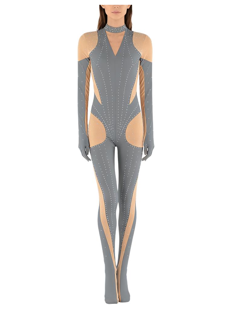 Unitard Lucios cu Strass-uri pentru Gimnastică Feminină, cu Mâneci Lungi și Mănuși, cu Picior, Culoare Contrastantă, Body pentru Patinaj Artistic