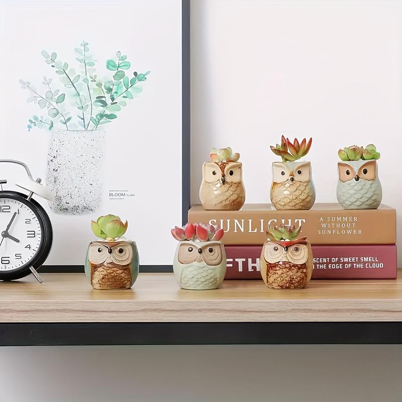 Creative Cartoon Kiln Transformation 6pcs Set Owl Ceramic Succulent Plant Pots with Drainage Holes, Adorable Small Planters with Plant Stands