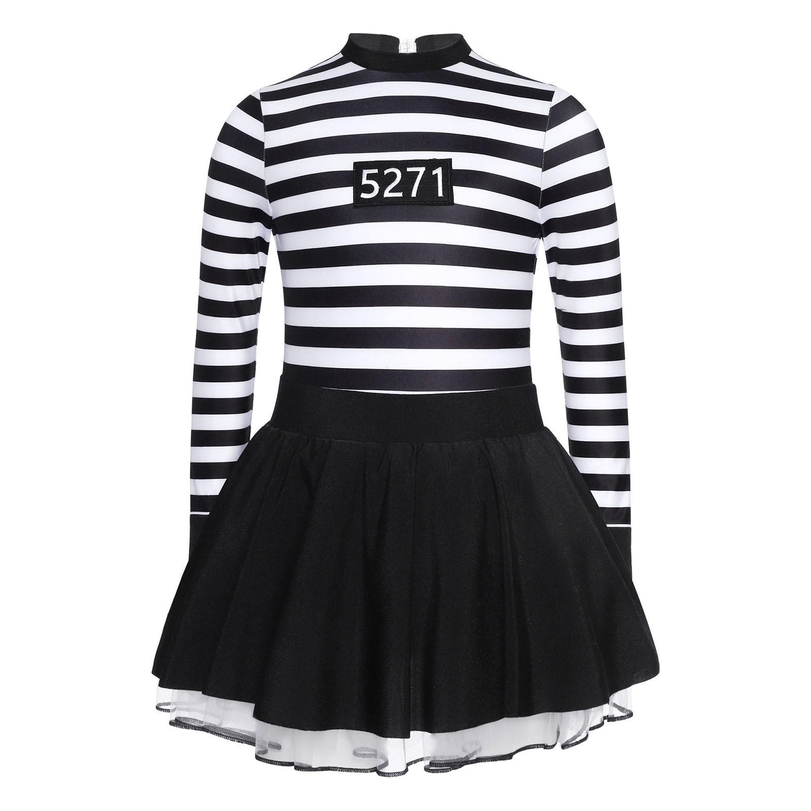 

Girls Striped Prisoner Dress Ruffled Puffy Tutu Skirt Back Cutout Round Neck Long Sleeve Costume Play 7-8 Years чорний