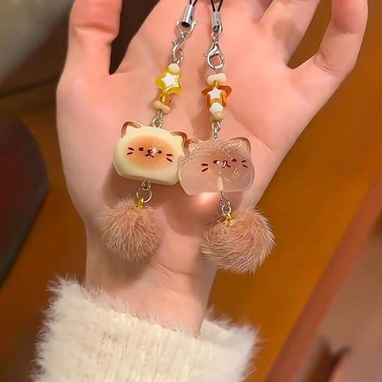 Keychain Pendant Resin Cat Plush Ball Decor Phone Pendant Keys Bags Cell Phones Key Holder Fashion Accessory