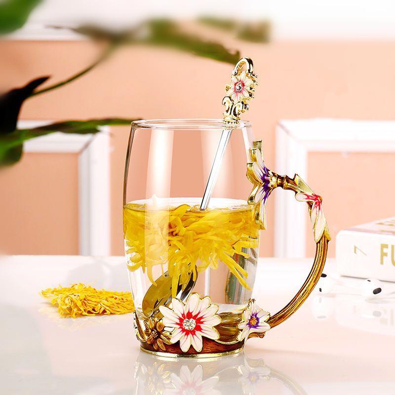 Cană de cafea emailată manuală, ceașcă de cristal, cu lapte, floare de lămâie, ceașcă de ceai de sticlă de calitate superioară, cadou cuplu cană pentru nunta iubitoare