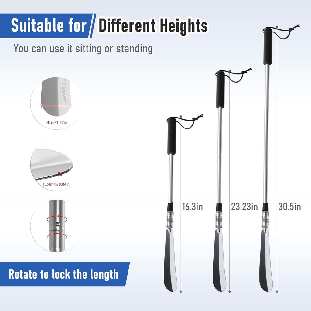 Extendable Shoe Horn Long Handle for Seniors, Twist To Lock, 16" To 31"Adjustable, Stainless Steel Telescopic Shoehorn for Men Women