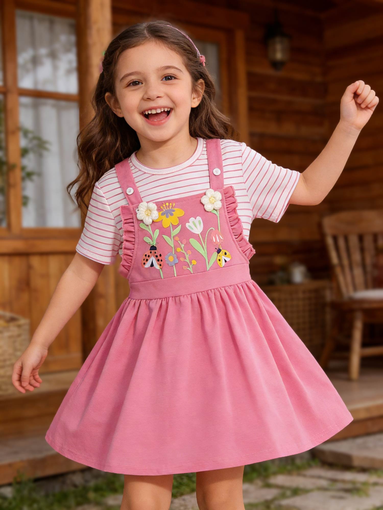 Girl s 2 Piece Outfit Printed Flower Dress with Striped Short Sleeve T Shirt, Summer Clothes Sets for 4-7 Years Kids 4Y розовый