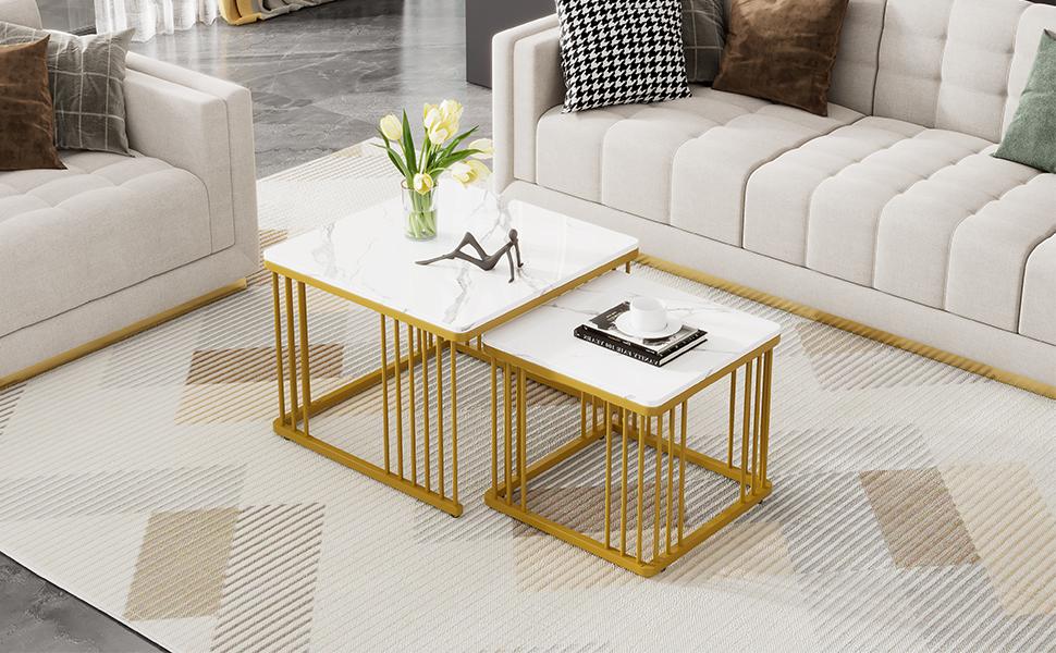 2-teiliges Set quadratische Hochglanz-Marmoroptik Kaffeetische, Stapeltische mit goldenen Beinen, 60*60*45cm und 45*45*40cm, Vielseitig