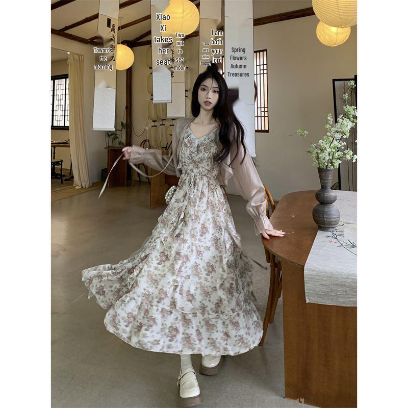 French Floral Ruffled Camisole Dress & Cardigan Set - Women's Slimming Summer Long Dress