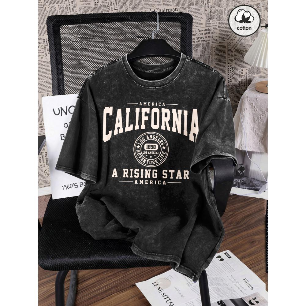 

America California Printed Washed T-Shirt Mens Cotton Oversized T Shirt Casual O-Neck Short Sleeve Tops Basic Male Tees S