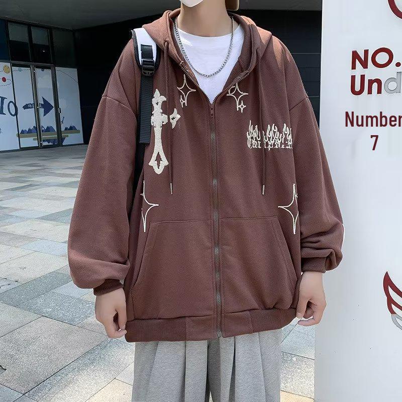Men's Hooded Zip-Up Cardigan Sweatshirt with Cross & Flame Embroidery, Fleece-Lined, Trendy Loose Fit for Couples, Perfect for Spring and Autumn.