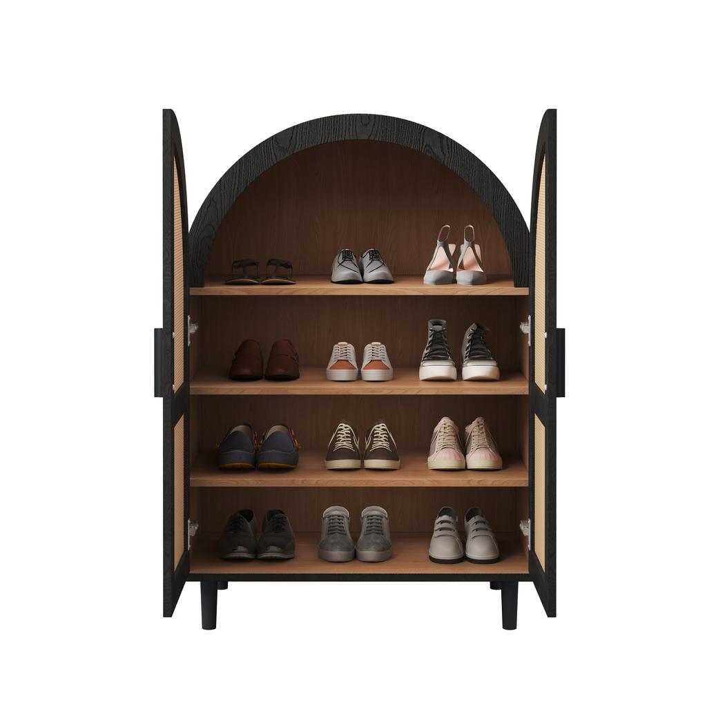 Elegant sideboard/shoe cabinet with rounded exterior, openwork rattan doors and three shelves.