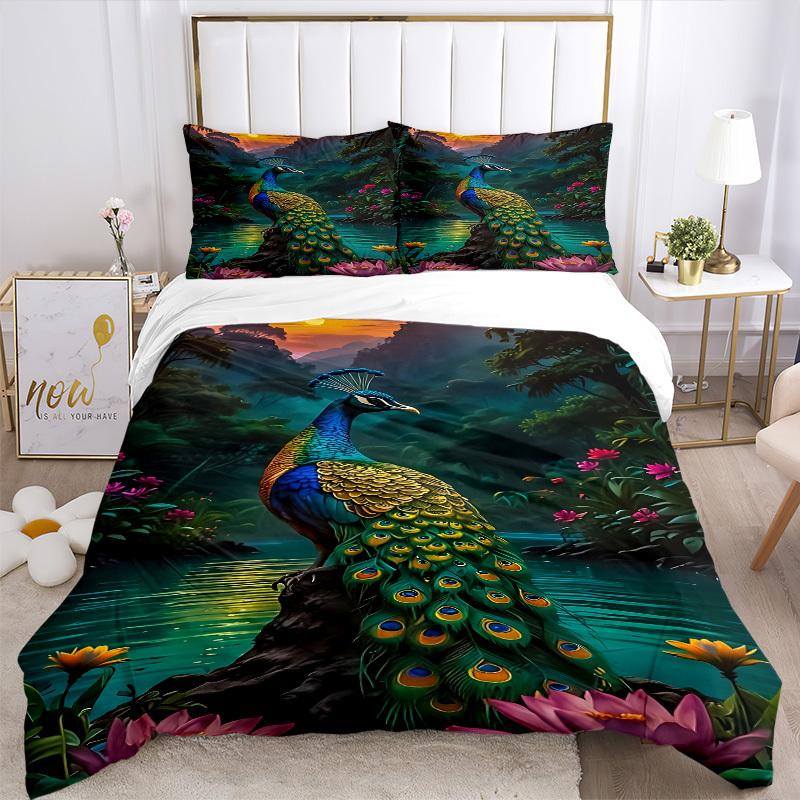 3pcs Peacock Nature Scene Duvet Cover Set - Machine Washable, Includes 1 Cover and 2 Pillowcases, No Core Included yy251013129
