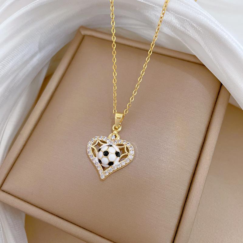 Sporty Creative Zircon Love Heart Soccer Pendant Necklace for Women Girls Stainless Steel Chain Jewelry Accessory Gifts