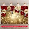 2D Gold Glitter Floral Background, Red White Rose Bokeh for Wedding Birthday Party Decor Banner