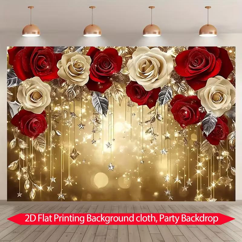 2D Gold Glitter Floral Background, Red White Rose Bokeh for Wedding Birthday Party Decor Banner